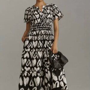 Anthropologie The Somerset Maxi Dress Smocked Heart Edition Poplin Black White